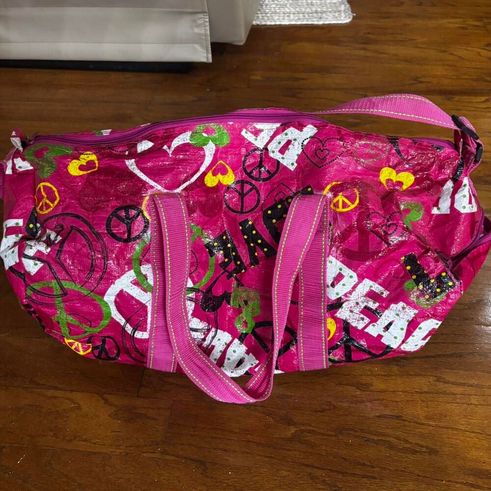 BOUTIQUE Peace Sign Hot Pink Yellow Green Gymnastics Girl's Duffle Travel Bag